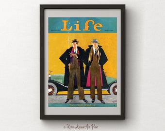 Könnte beinhalten: Ein Vintage-Cover des Life-Magazins mit zwei Männern in Anzügen und Hüten, die vor einem Auto stehen. Das Cover ist gelb mit dem Wort "Life" in großen, fetten Buchstaben. Der Text "Two Girls Wanted!" befindet sich am unteren Rand des Covers.