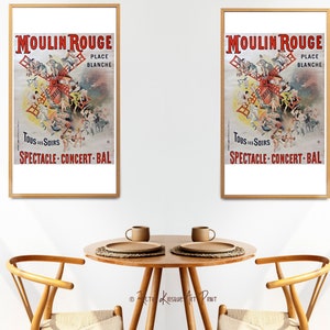 May include: Two framed vintage posters of the Moulin Rouge cabaret in Paris, France. The posters feature a red windmill with dancers and performers in front of it. The text on the posters reads "Moulin Rouge", "Place Blanche", and "Tous les Soirs Spectacle-Concert-Bal".