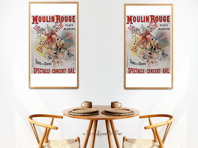 May include: Two framed vintage posters of the Moulin Rouge cabaret in Paris, France. The posters feature a red windmill with dancers and performers in front of it. The text on the posters reads "Moulin Rouge", "Place Blanche", and "Tous les Soirs Spectacle-Concert-Bal".