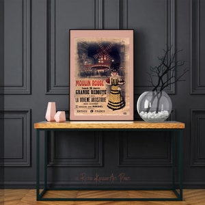 May include: A vintage poster advertising the Moulin Rouge in Paris, France. The poster features a woman in a yellow and black dress, a windmill, and the text "Moulin Rouge, Grande Redoute, La Boh&egrave;me Artistique, Entr&eacute;e 3 Francs".