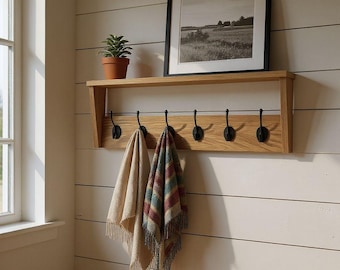 Oak Coat Rack With Shelf,  Wooden, Cast Iron Hooks, Handmade