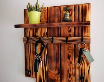 Wooden key holder with shelf, entryway organiser, metal hooks