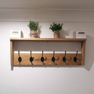 Oak Coat Rack With Shelf,  Wooden, Cast Iron Hooks, Handmade