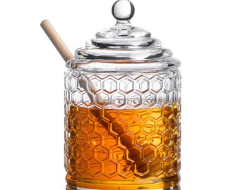 Honeycomb Glass Honey Pot with Wooden Dipper & Beehive Lid