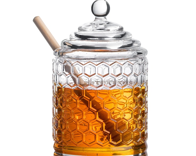 Honeycomb Glass Honey Pot with Wooden Dipper & Beehive Lid