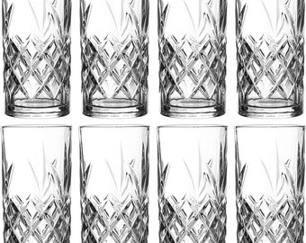 Royalty Art Kinsley Tall Highball Glasses Set of 8, 12 Ounce Cups, Textured Designer Glassware for Drinking Water, Beer, or Soda