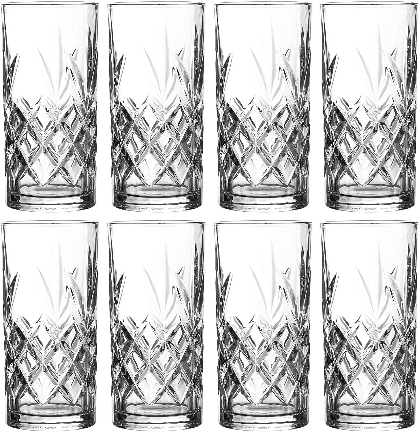Royalty Art Kinsley Tall Highball Glasses Set of 8, 12 Ounce Cups, Textured Designer Glassware for Drinking Water, Beer, or Soda