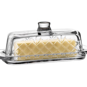 Royalty Art Glass Butter Dish with Lid, Single Stick Container with Handle Cover, Rustic Farmhouse or Vintage Boho Kitchen Accessory, Clear