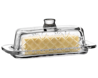 Royalty Art Glass Butter Dish with Lid, Single Stick Container with Handle Cover, Rustic Farmhouse or Vintage Boho Kitchen Accessory, Clear