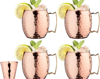 Handcrafted Copper Moscow Mule Mugs: 16oz, 4-Pack with Shot Glass