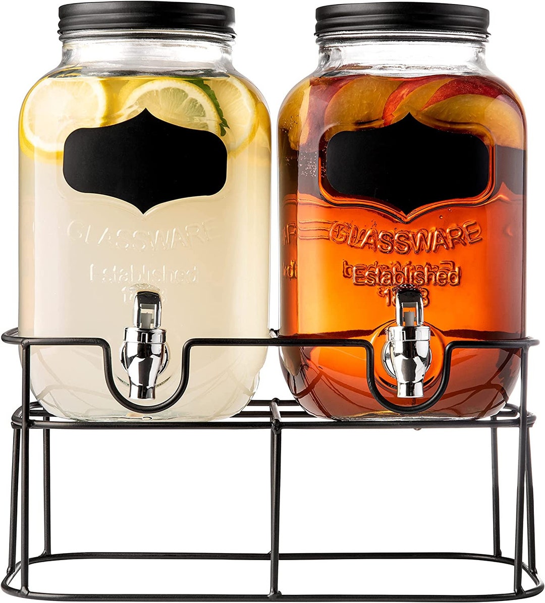 Beverage Dispenser with Stand for Parties - Two 1 Gallon Glass Mason Jar  Drink Dispensers with Stand for Water, Lemonade, Punch, Juice or Adult
