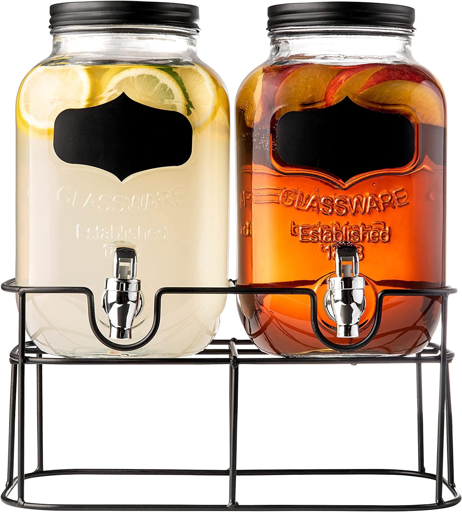 Dual Mason Jar Drink Dispenser Set Leakproof Spigots Metal Stand