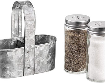 Farmhouse Salt and Pepper Holder: Rustic Galvanized Steel Caddy with Handle