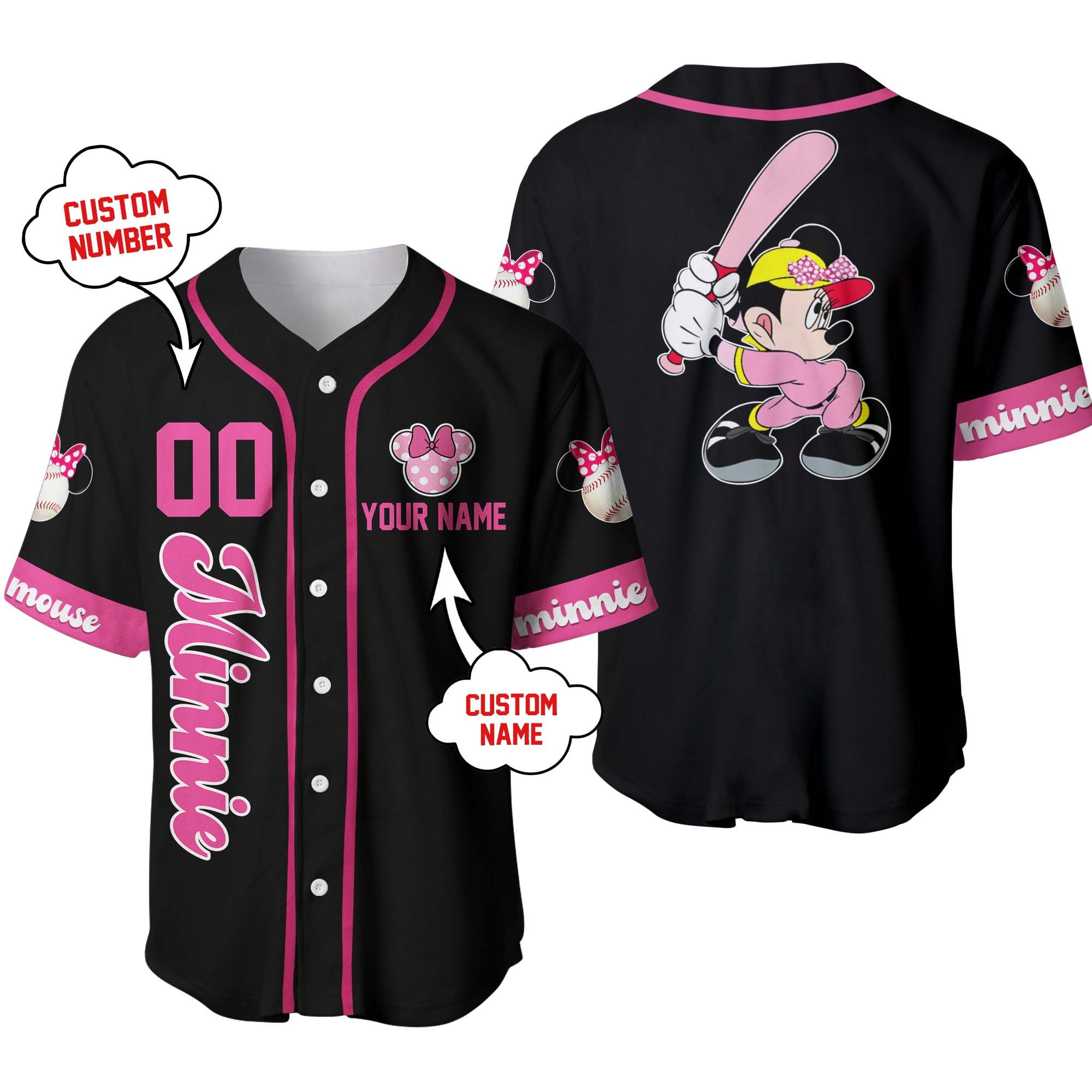 Minnie Mouse Black Pink  Baseball Jersey