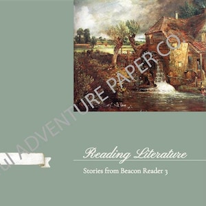Puede incluir: Una ilustración vintage de un molino de agua con un arroyo que fluye y un exuberante paisaje verde. El texto "Reading Literature" y "Stories from Beacon Reader 3" está impreso debajo de la imagen.