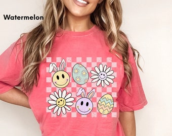 Comfort Colors® Checker Bunny Egg Shirt,Easter Bunny Smiley,Easter Shirt,Retro Easter Shirt,Cute Easter Tee,Distressed Easter Shirt