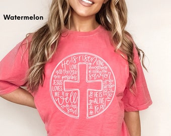 Comfort Colors® He Is Risen Shirt,Easter Shirt,Cross With Words Shirt,Jesus Lover Shirt,Christian Cross Shirt,Cross Shirt