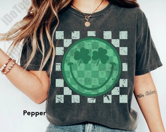 Comfort Colors® Checker Smiley St Patricks Shirt,Kids St Patricks day Shirt,Shamrock Smiley Shirt,Retro St Patricks Tee,St Pattys Bestseller