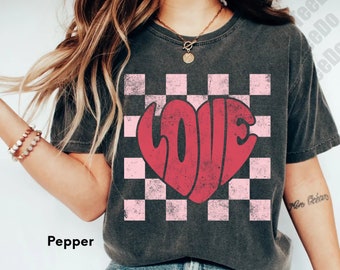 Comfort Colors® Valentine Heart Shirt,Kids Valentines Day Shirt,Retro Love Shirt,Love T-Shirt,Xoxo Shirt,Valentines Day Gift,Checker heart