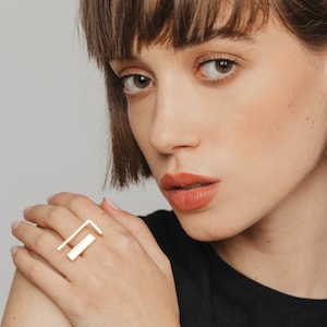 18K Gold Double Bar Ring, Sterling Silver Thick Two Line Ring, Flat Bar Ring for women, Bold Geometric Statement Ring, Two Finger Ring