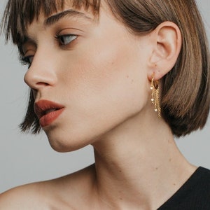 Chain Drop Earrings, Long Gold Tassel Earrings, Dangle Earrings, Long Dangle Earrings, Gold Chain Earrings, Statement gold hoops, Bold hoops image 4