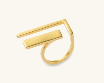 Geometric Ring, 925 silver with 18K Gold Plated Ring For Women,  Unique Ring, Asymmetric Ring, Irregular ring gold, Double Finger Ring