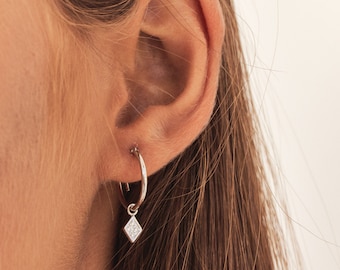 Dainty Pave CZ Rhombus Charm Huggie Hoop Earrings, Dainty & Minimalist hoop earrings, Tiny Charm Hoops, Simple CZ Silver Hoops