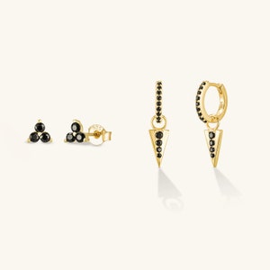 Gold Spike Earrings Set, Onyx Earring, Spike Huggie Earrings, Onyx Hoops, Stud earrings, Stacking Earrings, Hoop Earrings Set for Women image 3