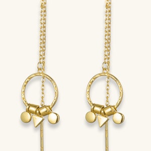 Gold Threader Earrings, Thin Chain Dangle Edgy Earrings, Long Circle Threader Earrings, Earring Dangle Boho, Pull Through Earrings for Women image 2