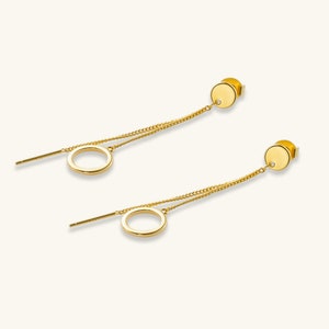 Gold Threader Earrings, Thin Chain Dangle Circle Earrings, Circle Drop Earrings, Dangle ring earring dangle boho, Golds earrings for women image 6