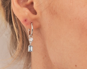 Sterling Silver Sapphire CZ Huggie Hoop Earrings, Vintage Sapphire Earrings, hoop drop earrings, Blue Sapphire & White ZC Drop Earrings