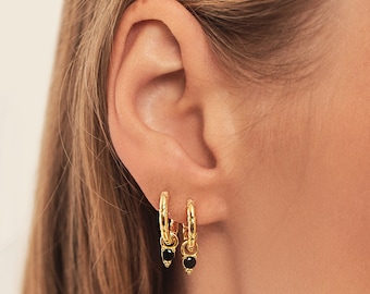 Dainty Charm Hoop Earrings, Minimal hoops, tiny hoops, huggie hoops, dangle hoops, cz earrings, Dainty gold hoops, black stone earrings