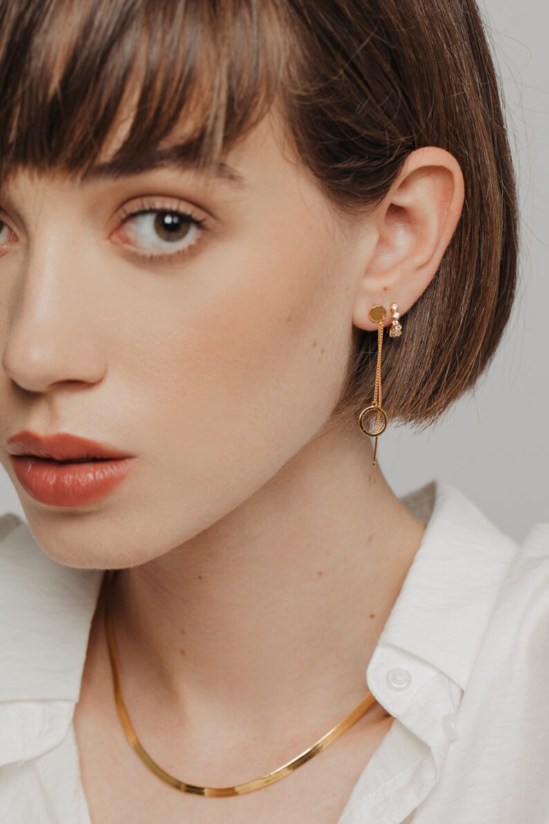 Gold Threader Earrings, Thin Chain Dangle Circle Earrings, Circle Drop Earrings, Dangle ring earring dangle boho, Golds earrings for women image 3