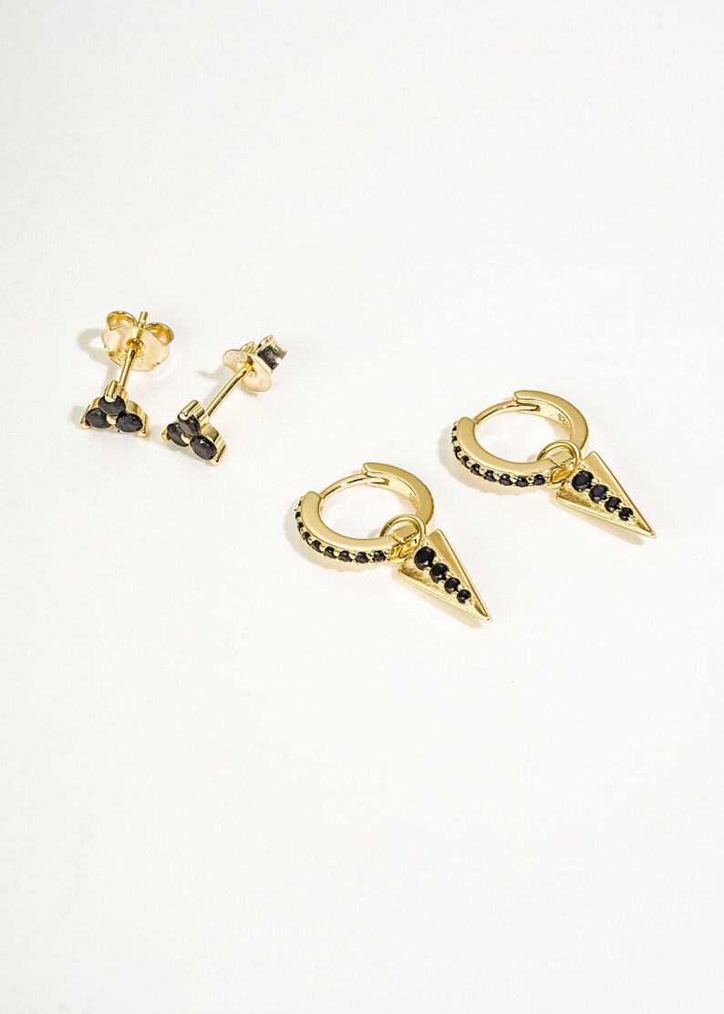 Gold Spike Earrings Set, Onyx Earring, Spike Huggie Earrings, Onyx Hoops, Stud earrings, Stacking Earrings, Hoop Earrings Set for Women image 1