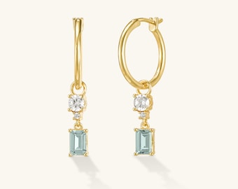 blue drop pendant earrings, CZ Blue Charm Hoops, Gold huggie hoops, Gold Dainty Hoops, Blue earrings, Gift for her