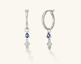 Blue Stone Earrings sterling silver hoops, small elegant hoop earrings, drop hoop earrings, delicate hoop earrings for women
