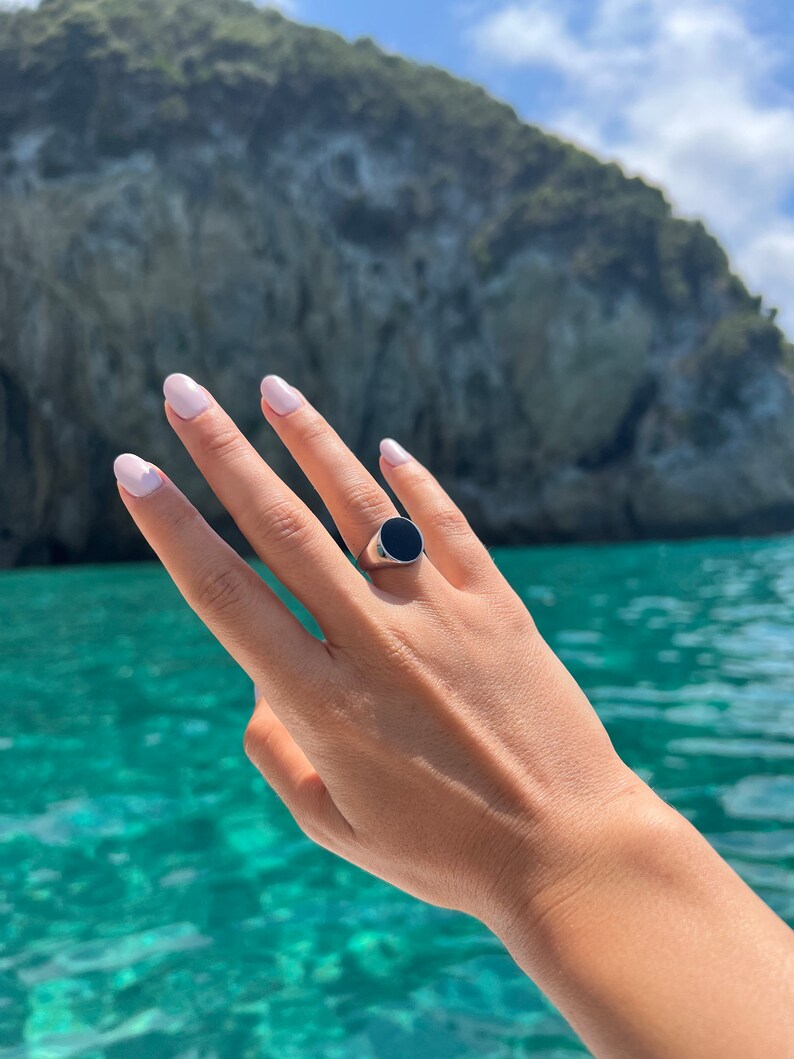 Statements Ring Black Onyx Ring, Signet Ring, Sterling Silver Statements Rings, Duo Initial Ring, Gemmed Signet Rings for women image 2