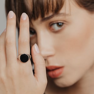 Statements Ring Black Onyx Ring, Signet Ring, Sterling Silver Statements Rings, Duo Initial Ring, Gemmed Signet Rings for women image 1