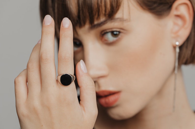Statements Ring Black Onyx Ring, Signet Ring, Sterling Silver Statements Rings, Duo Initial Ring, Gemmed Signet Rings for women image 1