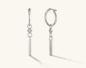 Bar Dangle Hoop Ohrring, Silber Creolen Tropfen, Zirkon Creolen, lange Ohrringe, Huggie Hoop Ohrringe - Zierliche Hoop Ohrringe, Geschenk für Sie