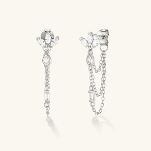 Sterling Silver chain earrings Stacking,Lotus Chain Dangle Cartilage Stud Earring, Chain Earrings, Cz Earrings, Dangling Chain Stud Earrings
