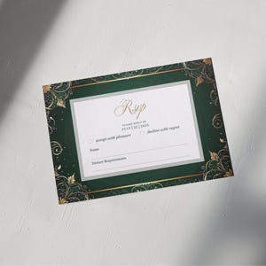 Elegante Fantasy Hochzeit Antwortkarte | Bearbeitbarer Download | Grün & Gold Design | Sofortiger Zugriff | Rustikale schicke Brautparty Antwortkarten | DIY Druck