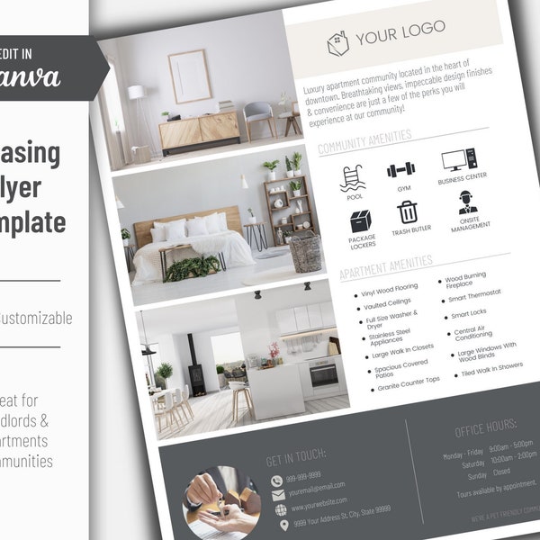 Leasing Flyer Template | Customizable Marketing Sheet For Apartments | Property Managers and Landlords Essentials | Edit In Canva