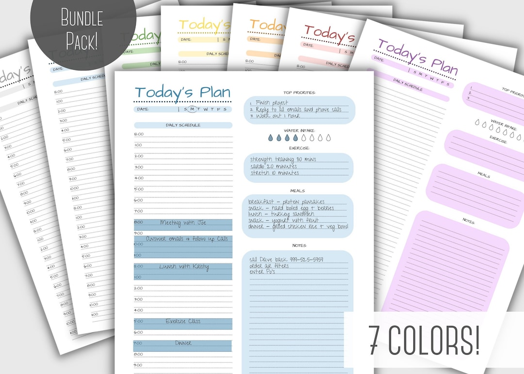 Fillable & Printable Day Planner | 7 Color Options | Daily Scheduler