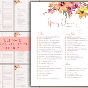 May include: A printable spring cleaning checklist with a floral design. The checklist includes sections for the kitchen, living room, and office. Each section has a list of tasks to complete.