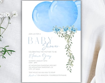 May include: A blue baby shower invitation with watercolor balloons and floral accents. The text reads "Join us for a Baby Shower Celebrating the Mother to be Elaina Gray Sunday, August 10th 11AM-2PM at Mountain Shadows Resort 555 Mountain Shadows Ln. City, ST 55555 Text Kylie 555-555-5555 to RSVP Registered on Amazon: YOURREGISTRYNAME"