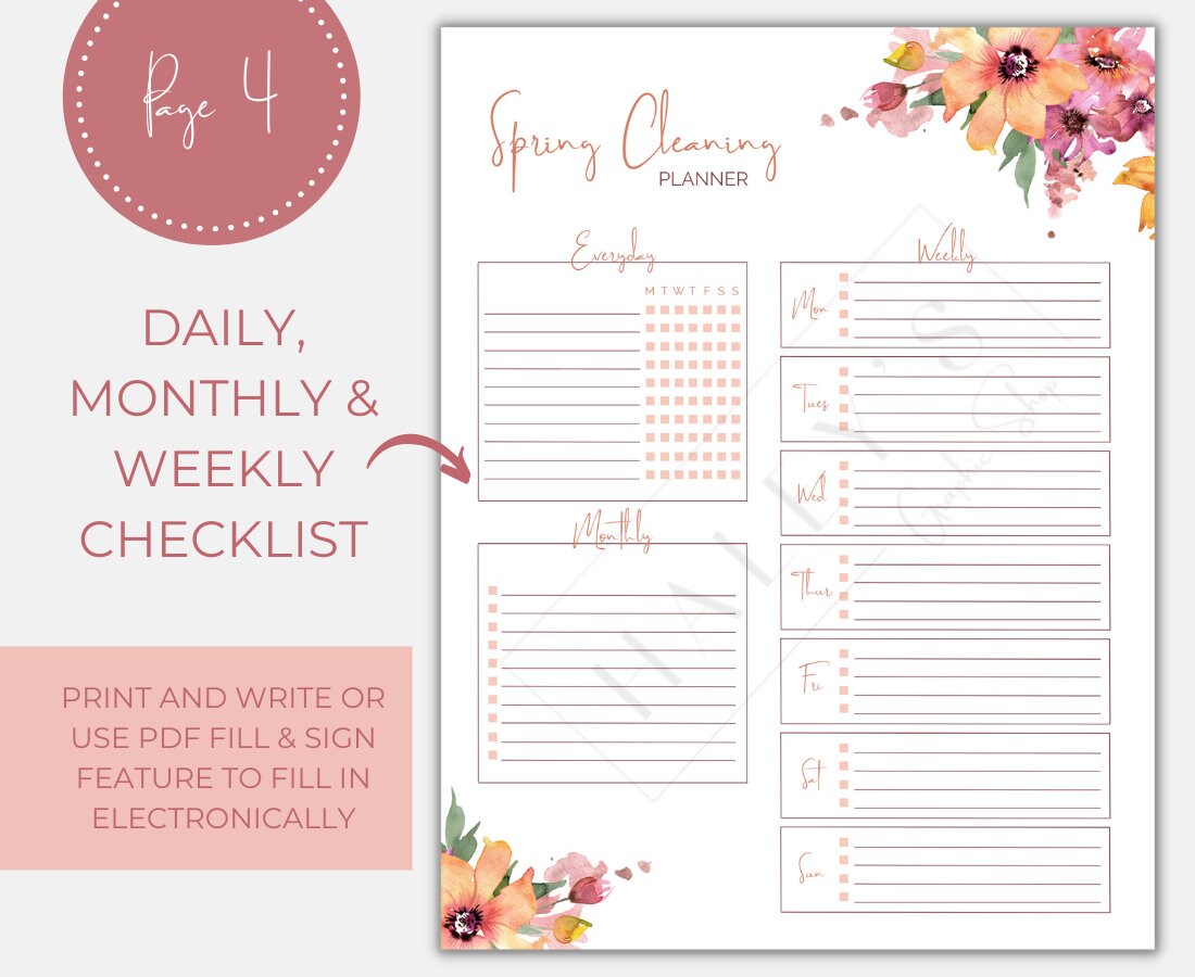 Printable Spring Cleaning Planner Bundle 5 Pages Fillable Calendar and ...