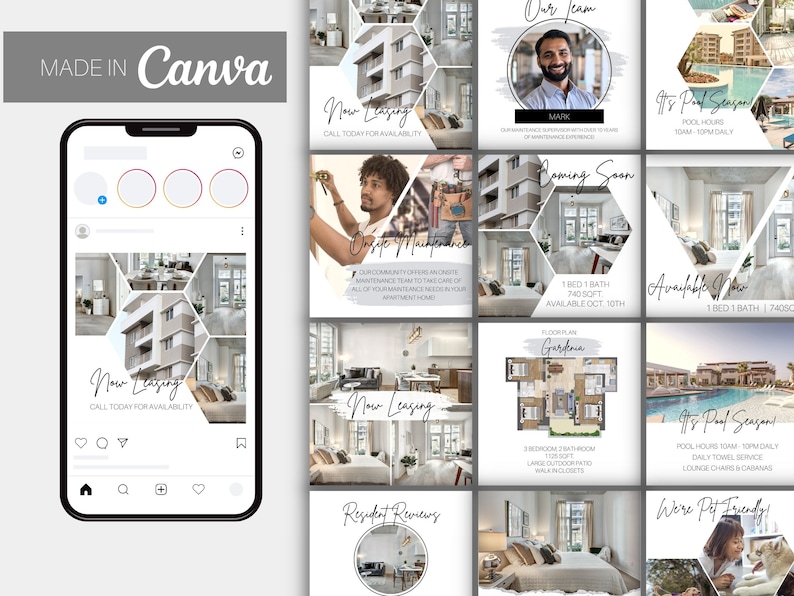 Share your apartment community, condo or HOA property features on Instagram with these simple to use customizable templates! Great for any real estate properties to connect with your audience through social media!