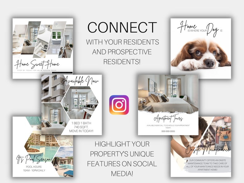 Fun photo collages show off your property's most appealing features! Upload images such as furnished model apartments, bedrooms, kitchens, bathrooms living rooms, amenities, curb appeal, etc.