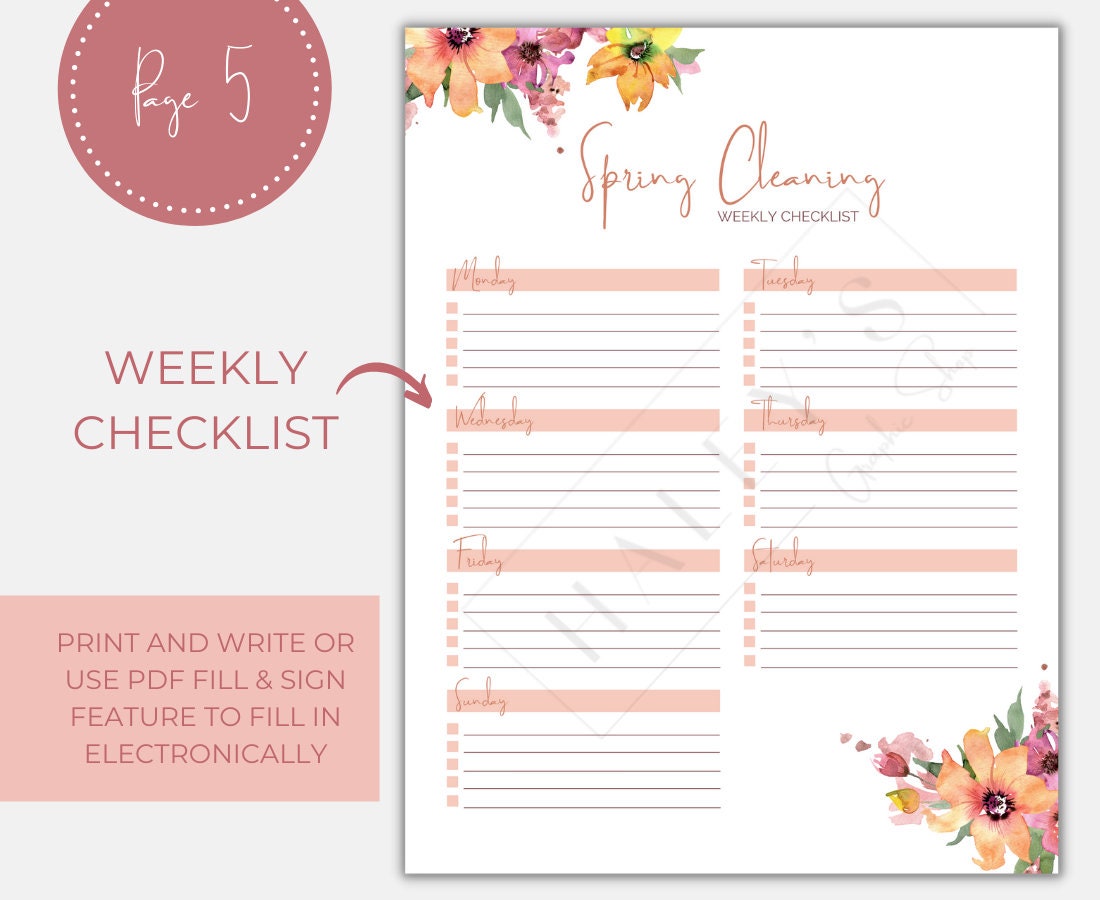 Printable Spring Cleaning Planner Bundle 5 Pages Fillable Calendar and ...